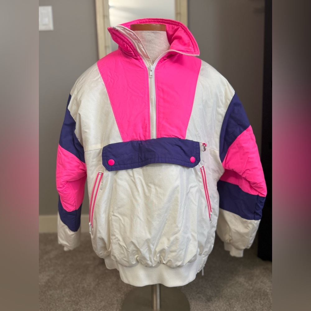 Vintage Neon Pink + White Colorblock 90s Ski Jacket, 3M thinsulate, EUC